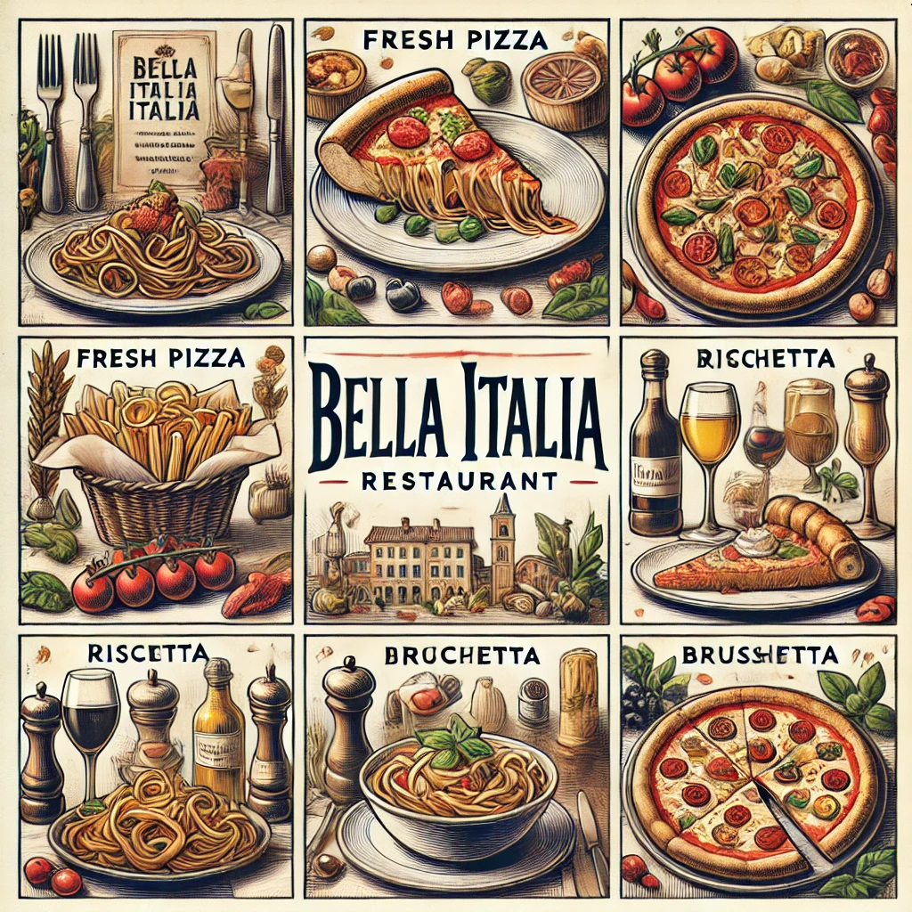 image includes bella italia logo and some food items