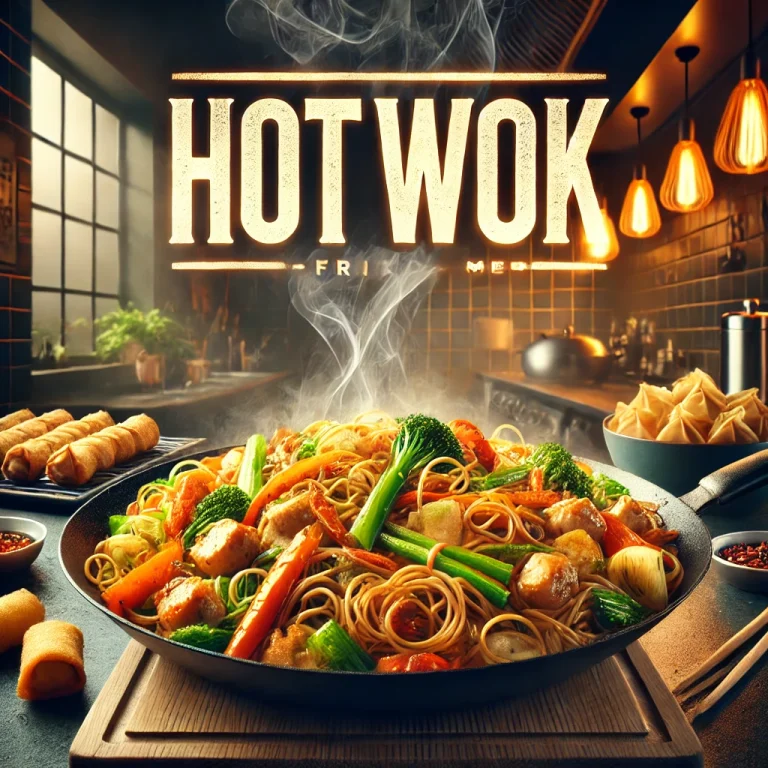 DALL·E 2025 02 22 02.06.04 A sizzling selection from the Hot Wok menu featuring stir fried noodles with vegetables and chicken crispy spring rolls and a side of dumplings. Th